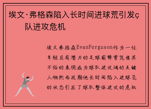 埃文·弗格森陷入长时间进球荒引发球队进攻危机